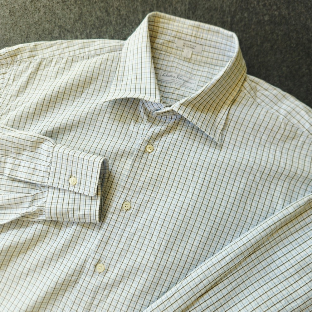 Salvatore Ferragamo Checkered Button Down Luxury 100% Cotton Italian‎ Size 17 XL